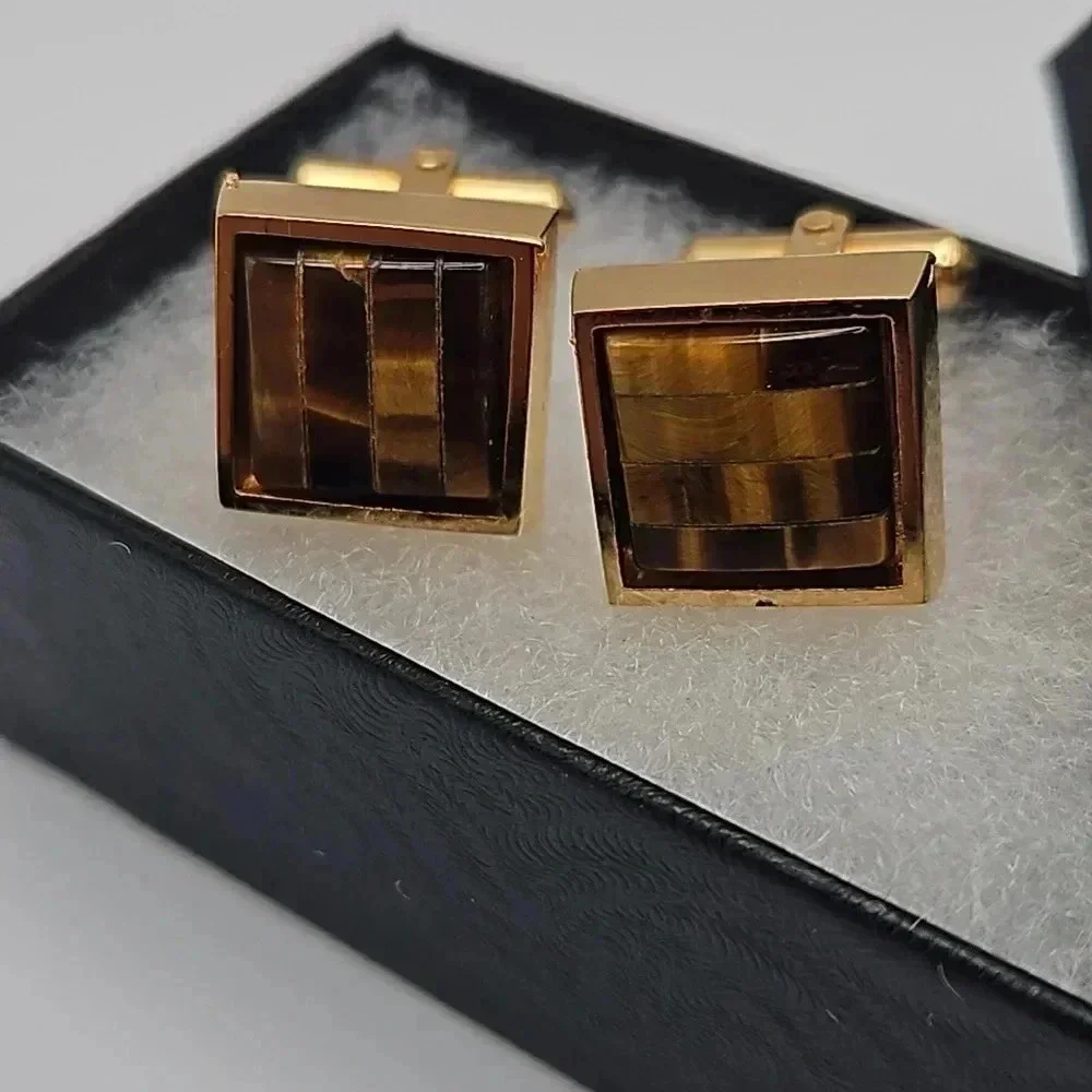 Christian Dior Square Tiger Eye Cufflinks Gold Vintage with matching Tie Pin